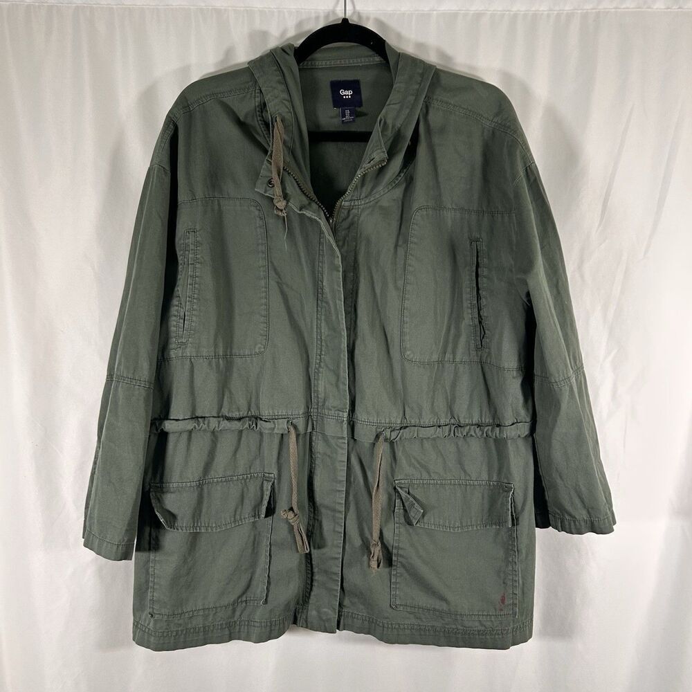 Gap Jacket Women's Large Green Full Zip Hooded Full Zip Pockets 100% Cotton